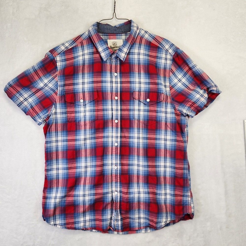Roebuck & Co Mens XL Short Sleeve Button Down Plaid Shirt Red Blue White Pocket